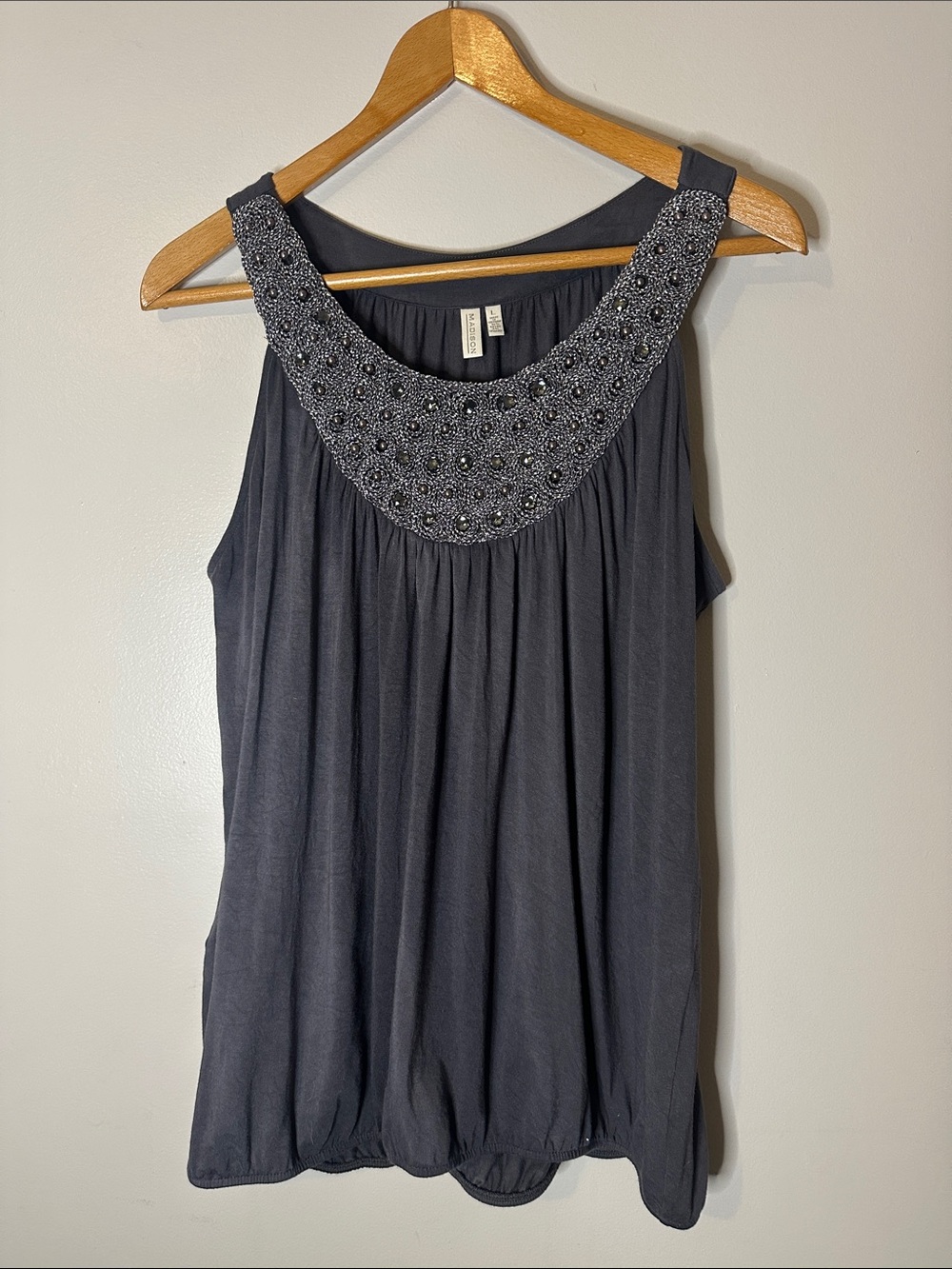 Madison Dark Gray Tank with Elasticized Hem and Beaded Neckline, Large